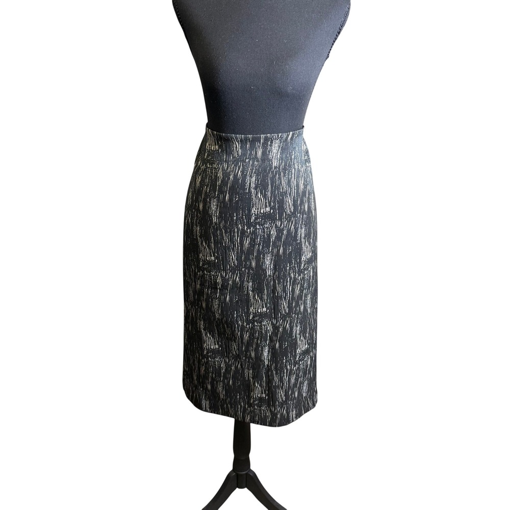 Lafayette 148 Skirt Womens 12 Black White Excellent Abstract Brushstroke Pencil